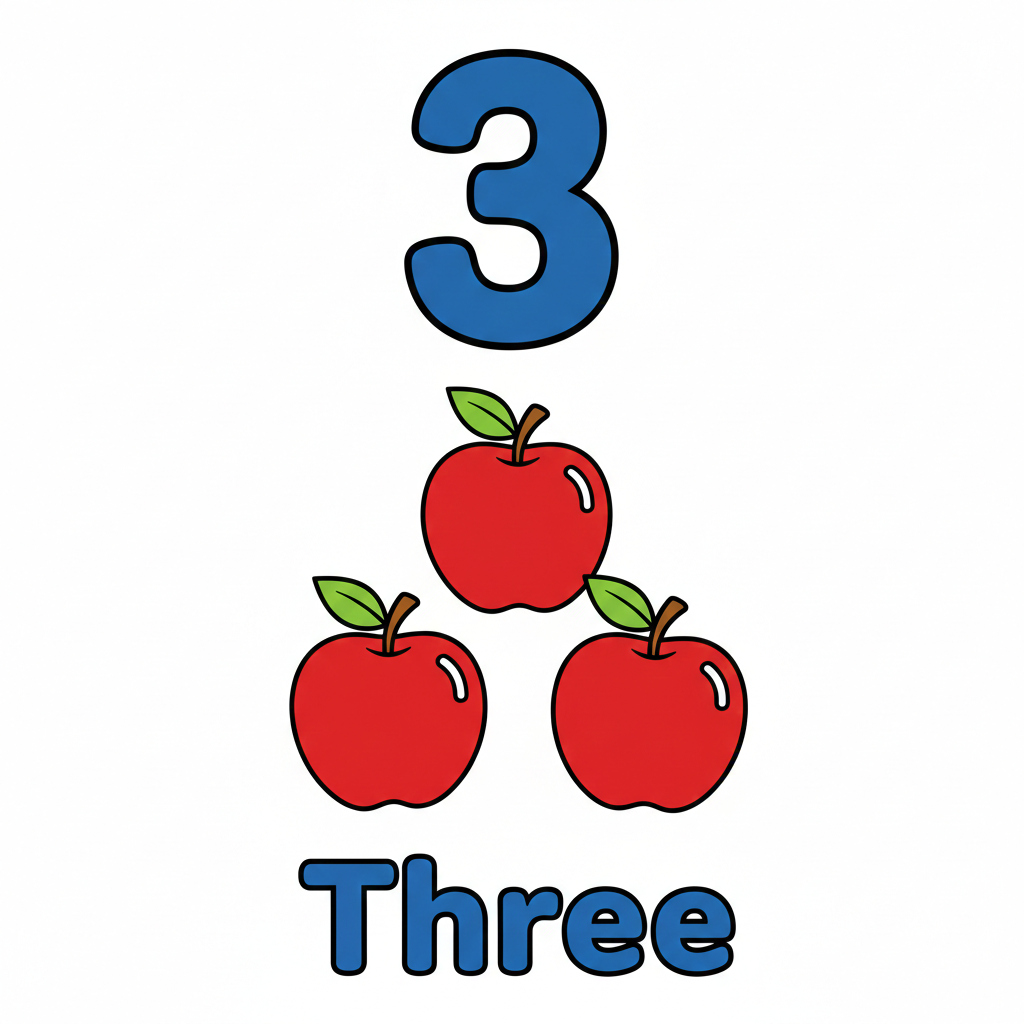 Printable Number 3 coloring page with three apples