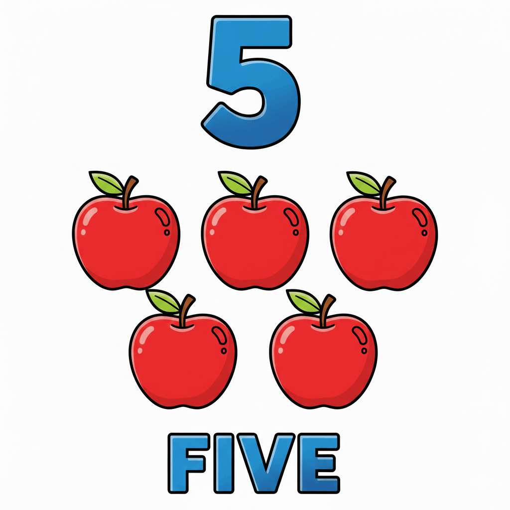 Printable Number 5 coloring page with five apples