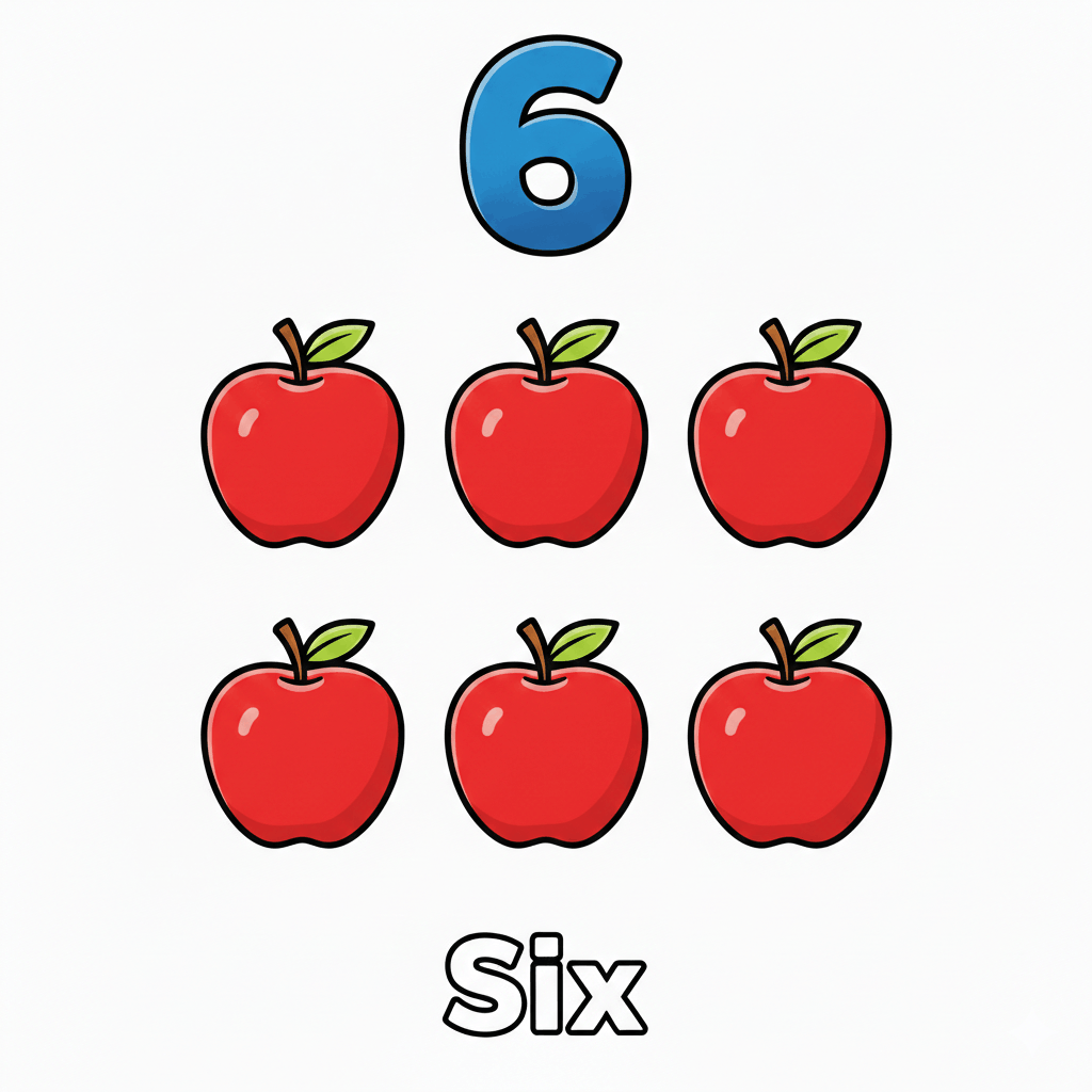 Printable Number 6 coloring page with six apples