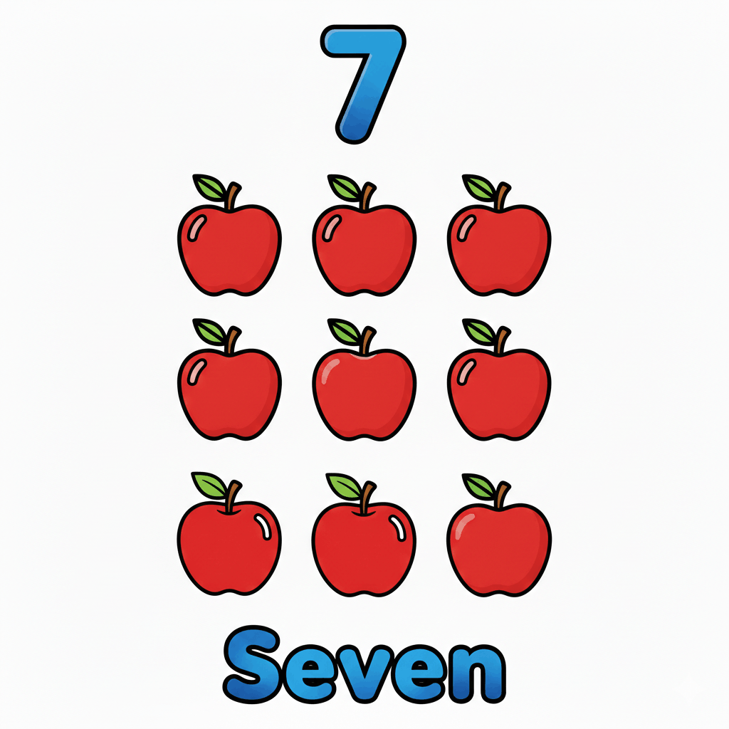 Printable Number 7 coloring page with seven apples