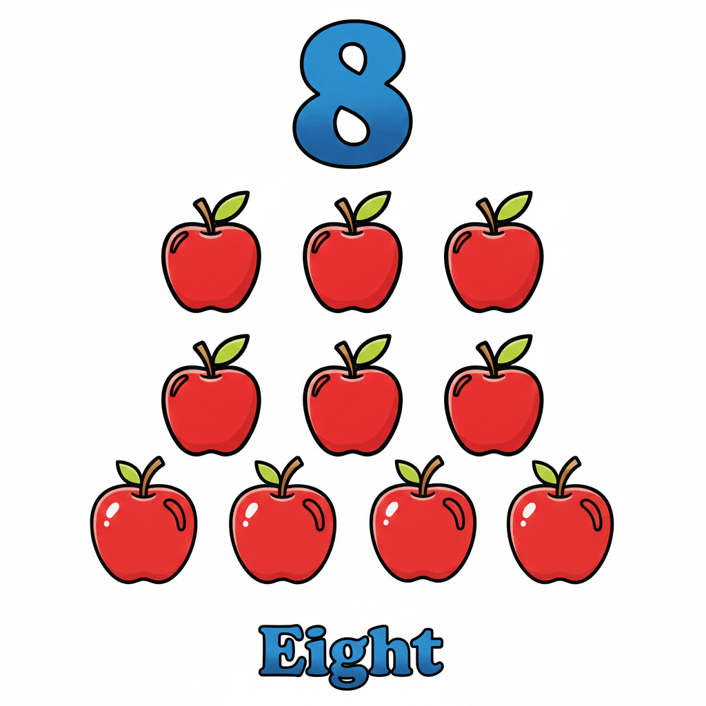 Printable Number 8 coloring page with eight apples