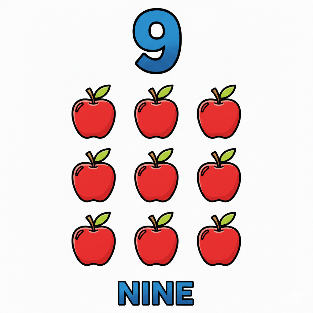 Printable Number 9 coloring page with nine apples