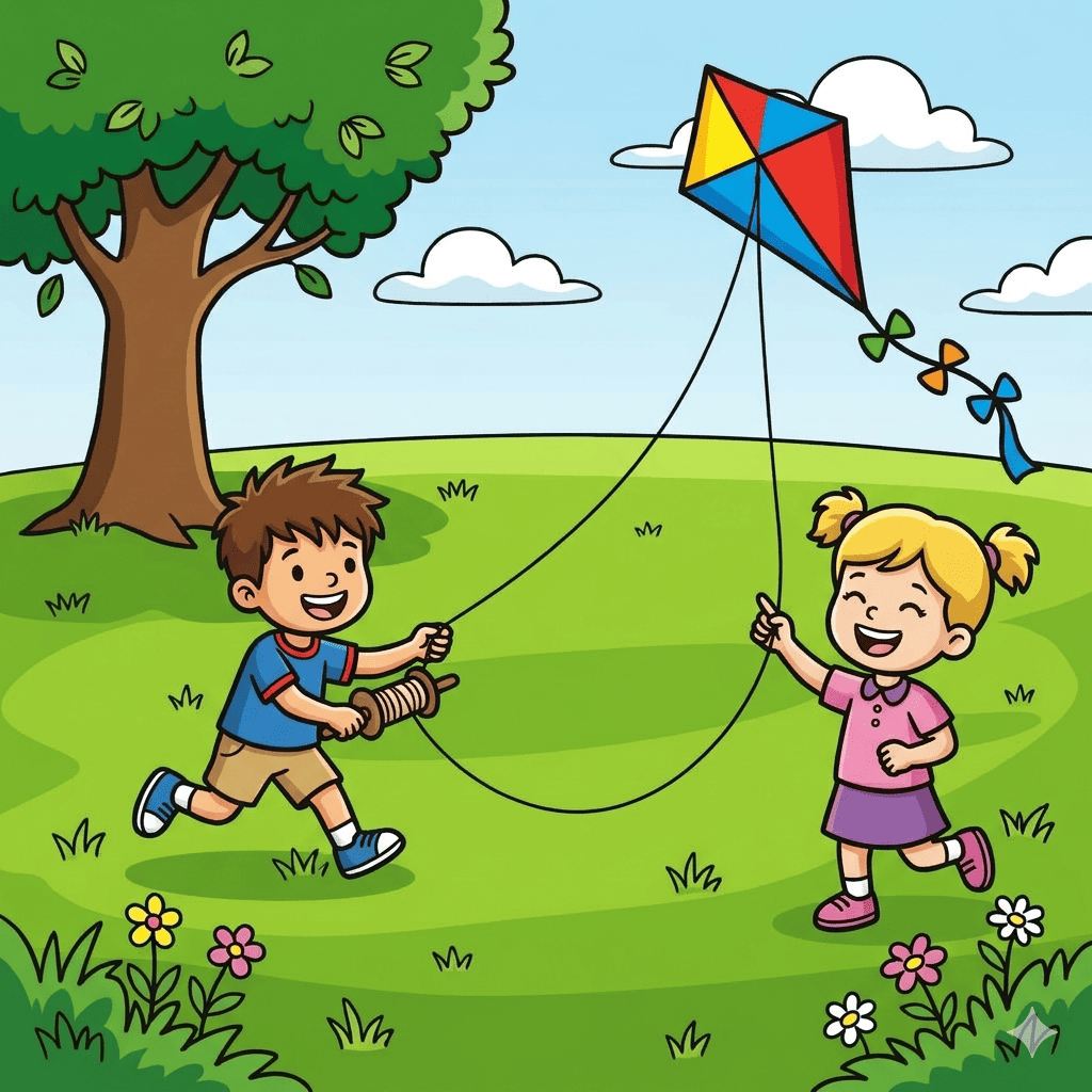 Kids playing outside coloring pages — flying kite