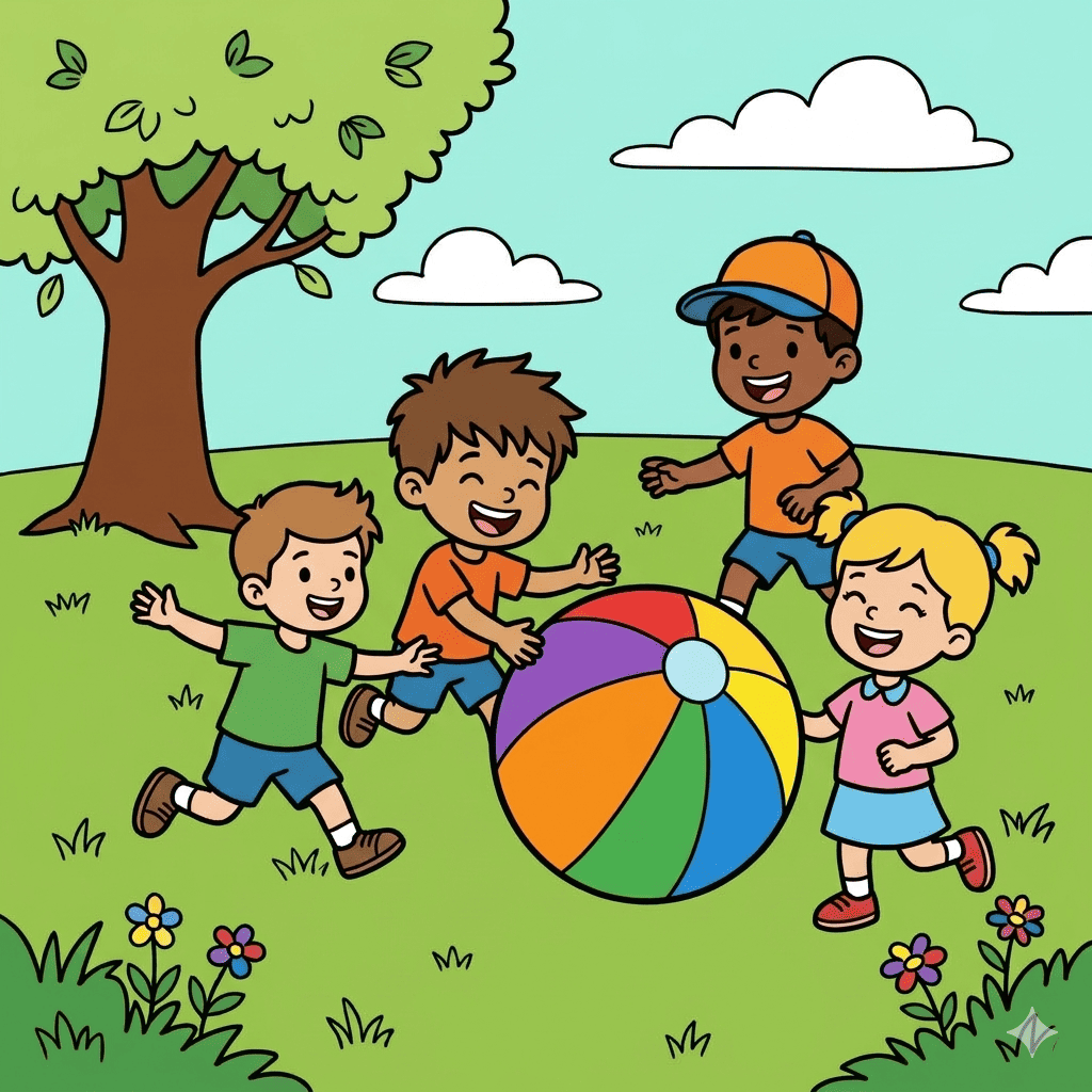 Kids playing ball coloring page - tossing a ball