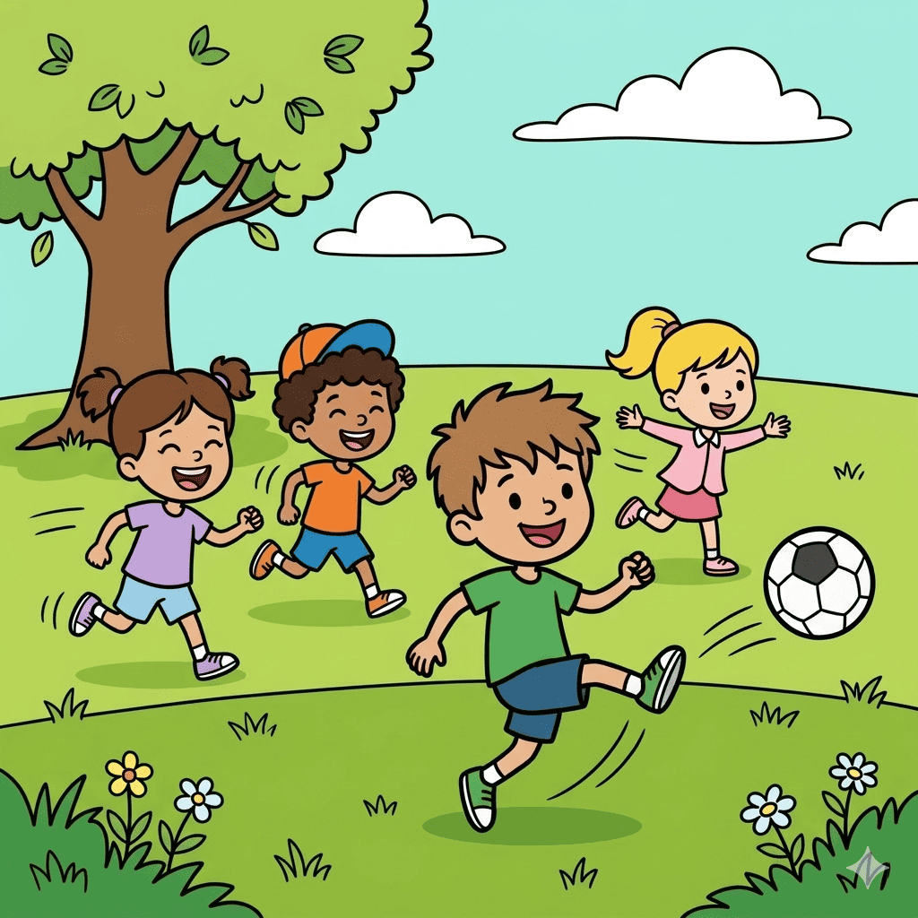 Kids playing football coloring page - soccer kick