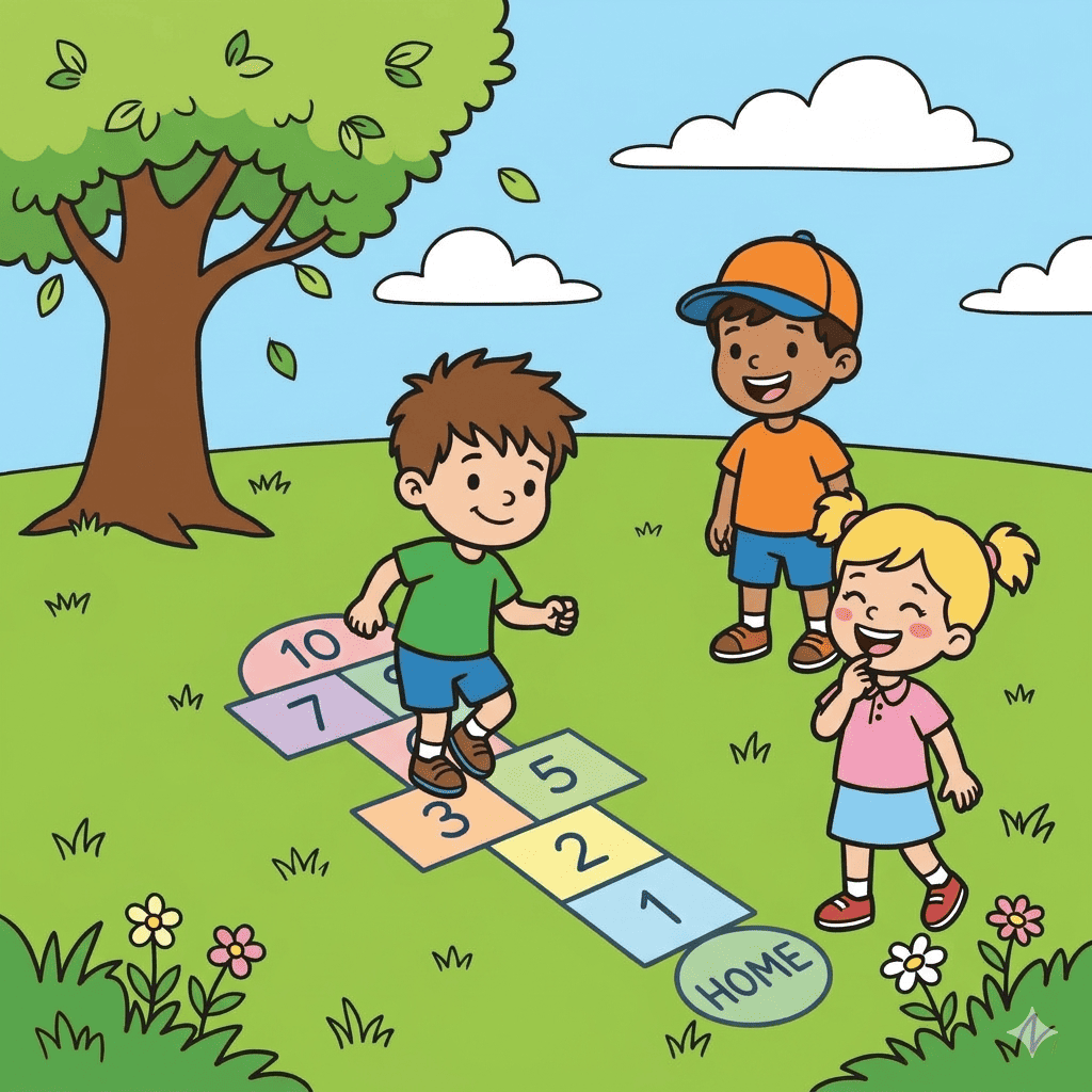 Kids playing hopscotch coloring page