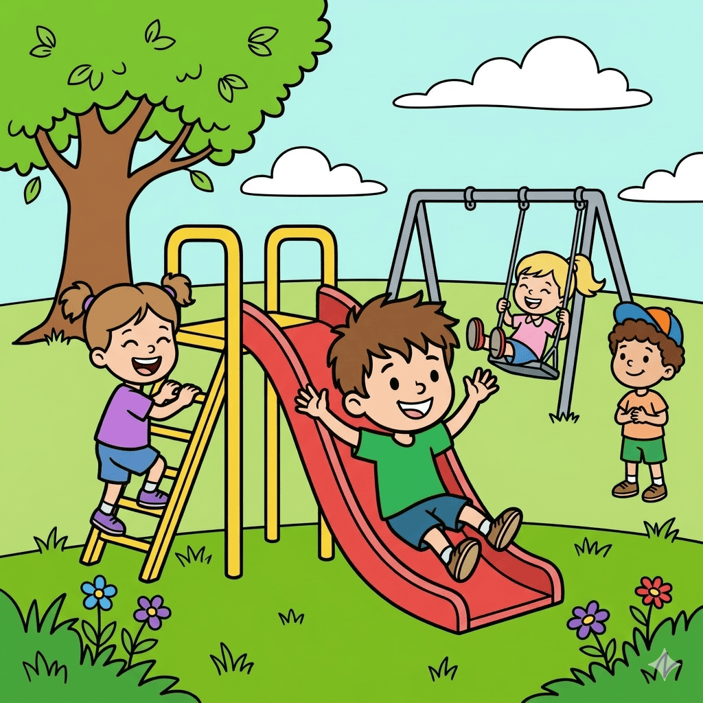 Kids on playground coloring page slide