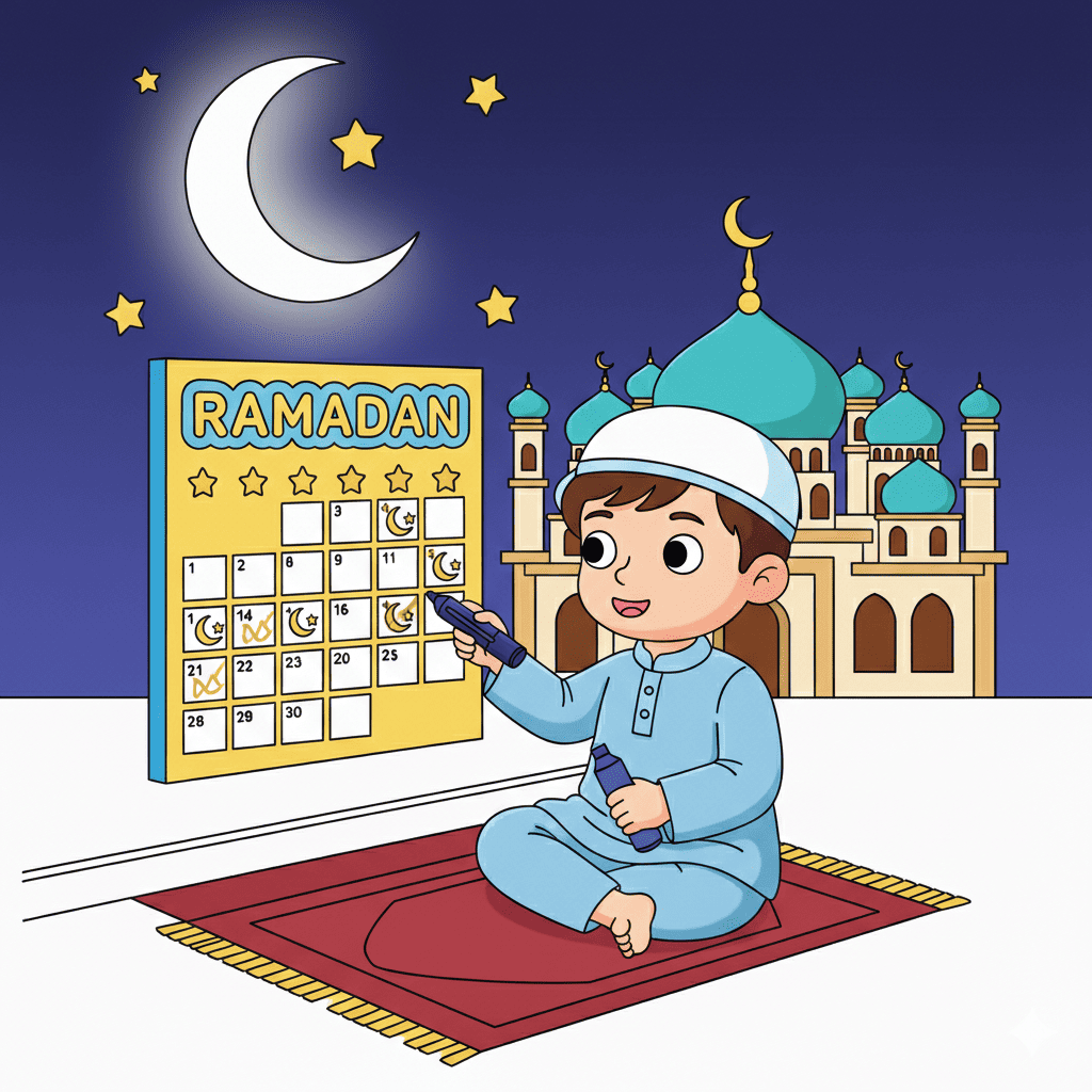 Boy praying on mat with Quran coloring page