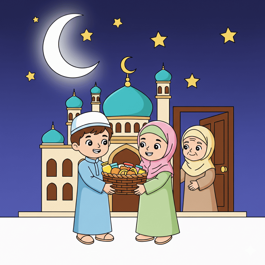 Kids sharing gift near mosque coloring page