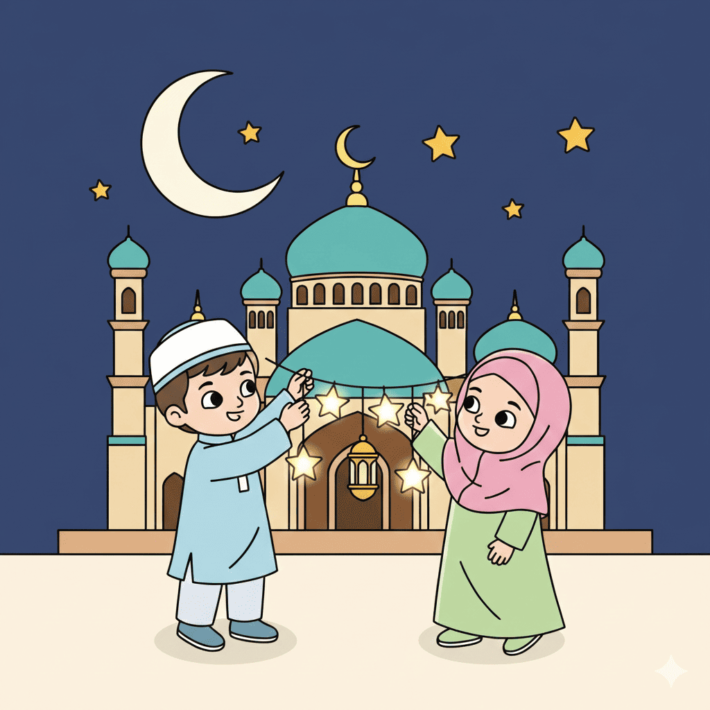 Free printable mosque with crescent moon coloring page for kids