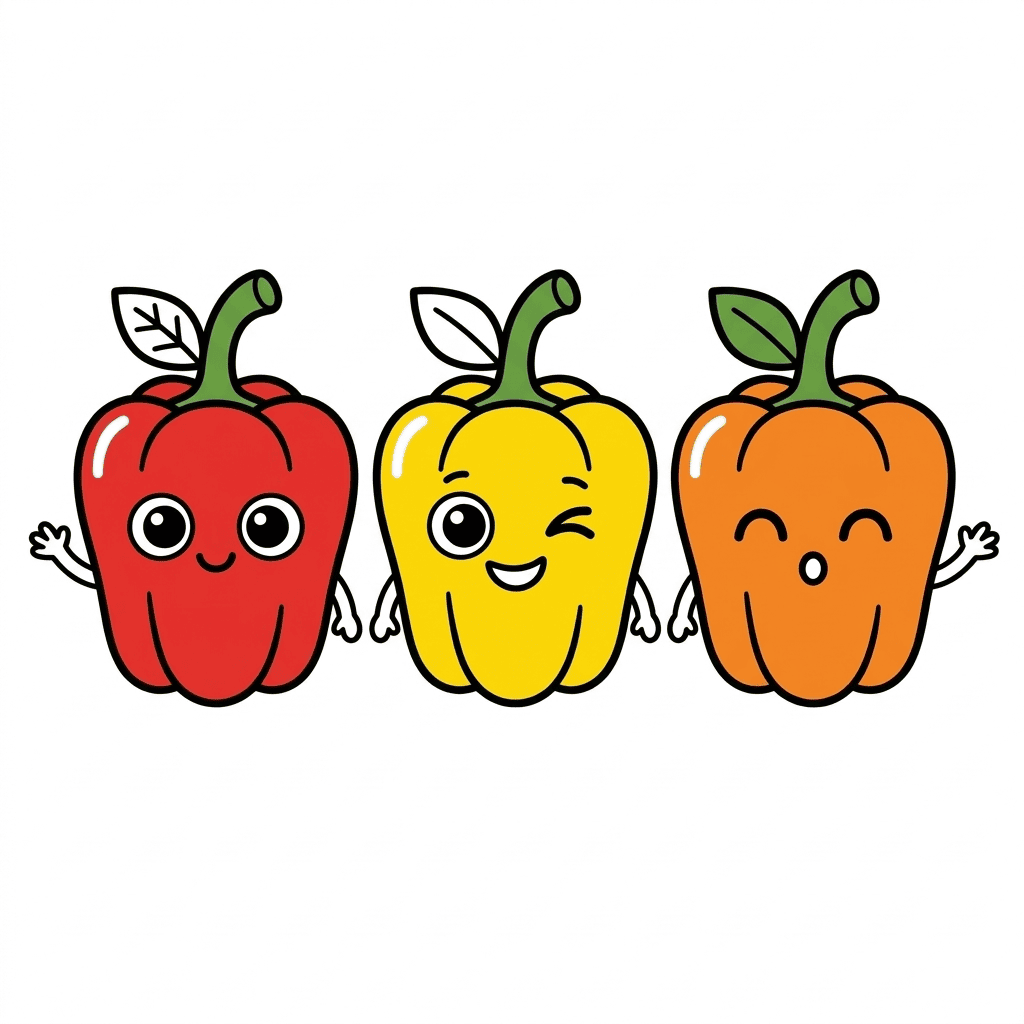 Smiling bell pepper trio coloring page