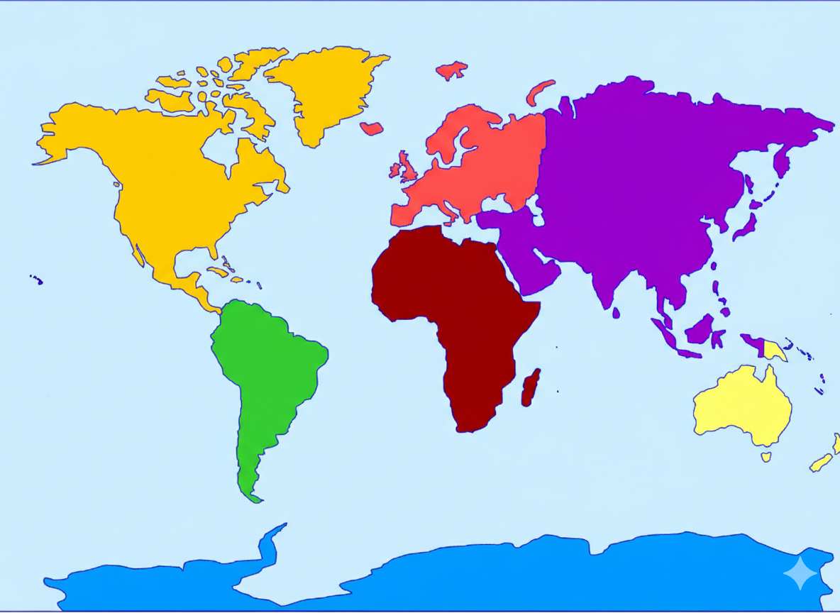 World map colored continents for learning